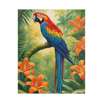 Colorful Parrot Puzzle, Tropical Jungle and Tiger Lilly Flower Scene, Nature-Inspired Jigsaw Game, Best Unique Bird Lover Gift, Mindfulness 520 pcs (Vertical) Puzzle The Puzzle Chest