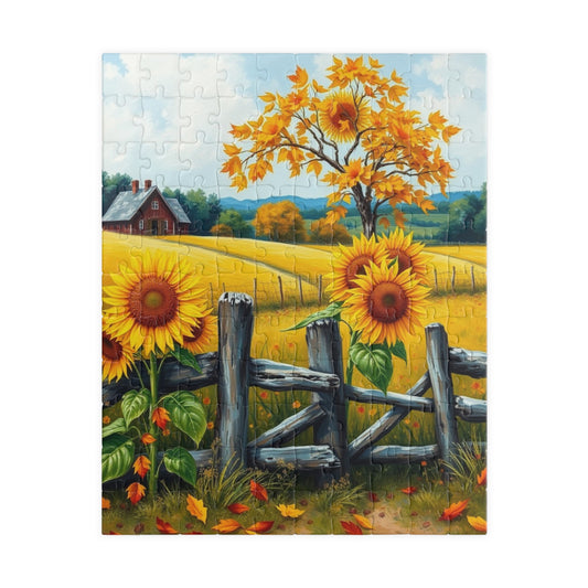 Jigsaw Puzzle, Sunflower Field Landscape Puzzle, Autumn Leaves, Wooden Fence, 110-1014 Pieces, Relaxing Activity, Home Decor, Gift for 110 pcs (Vertical) Puzzle The Puzzle Chest