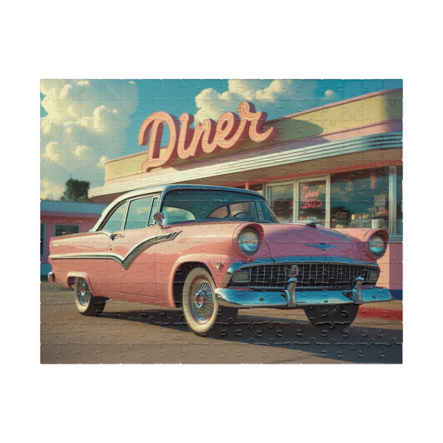 Vintage Auto Jigsaw Puzzle, 1955 Crown Victoria Retro Diner Scene, Nostalgic Auto Art 252 pcs (Horizontal) Puzzle The Puzzle Chest