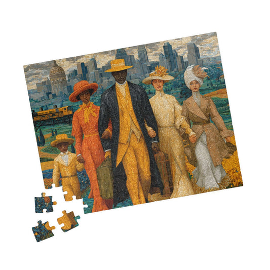 Afrocentric Jigsaw Puzzle - African American Migration Scene with Families, Fields & Urban Background 110 pcs (Horizontal) Puzzle The Puzzle Chest