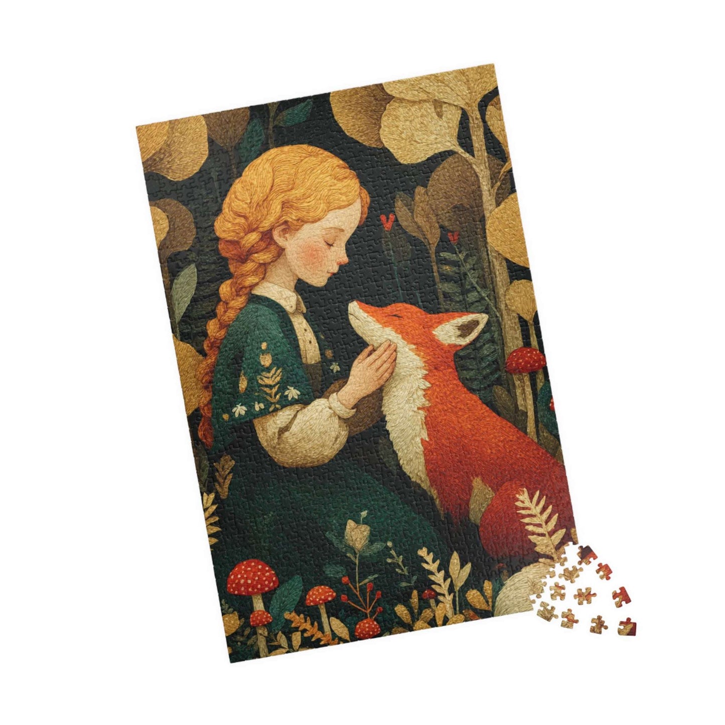 Woodland Clearing Jigsaw Puzzle – Red Fox, Girl in Green Dress, Autumn Forest Scene 1014 pcs (Vertical) Puzzle The Puzzle Chest