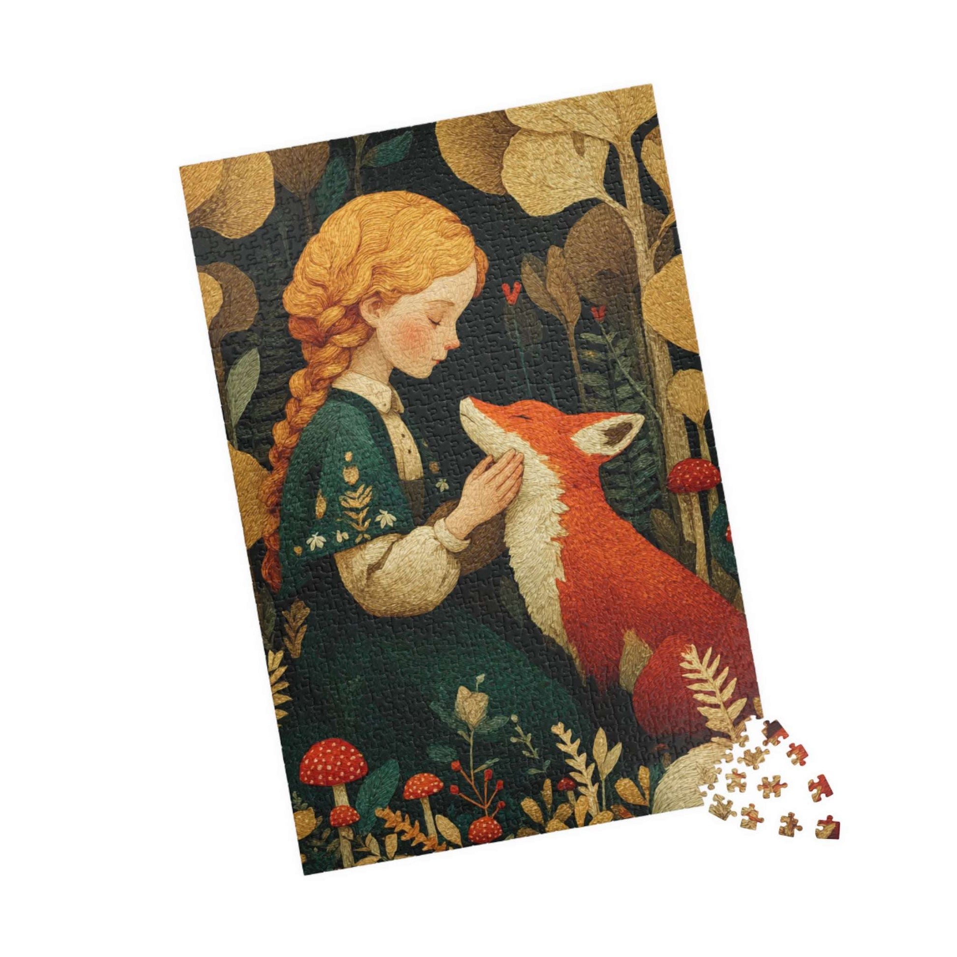 Woodland Clearing Jigsaw Puzzle – Red Fox, Girl in Green Dress, Autumn Forest Scene 1014 pcs (Vertical) Puzzle The Puzzle Chest