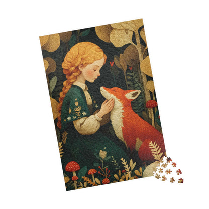Woodland Clearing Jigsaw Puzzle – Red Fox, Girl in Green Dress, Autumn Forest Scene 1014 pcs (Vertical) Puzzle The Puzzle Chest