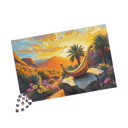 Golden Shofar Jigsaw Puzzle, Desert Oasis Landscape with Palm Trees Wildflowers, Faith-Based Religious Christian Tabletop Game, Jewish Gift