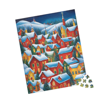Colorful Winter Village Jigsaw Puzzle, 1000-Piece, Snow Capped Roofs, Red Green Blue Yellow, Charming Houses, Unique Art for Puzzle Lover