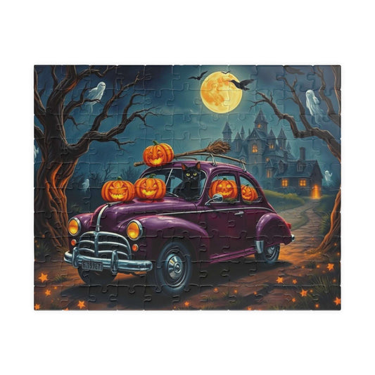 Halloween-Themed Vintage Car Jigsaw Puzzle with Cats, Ghosts and Pumpkins