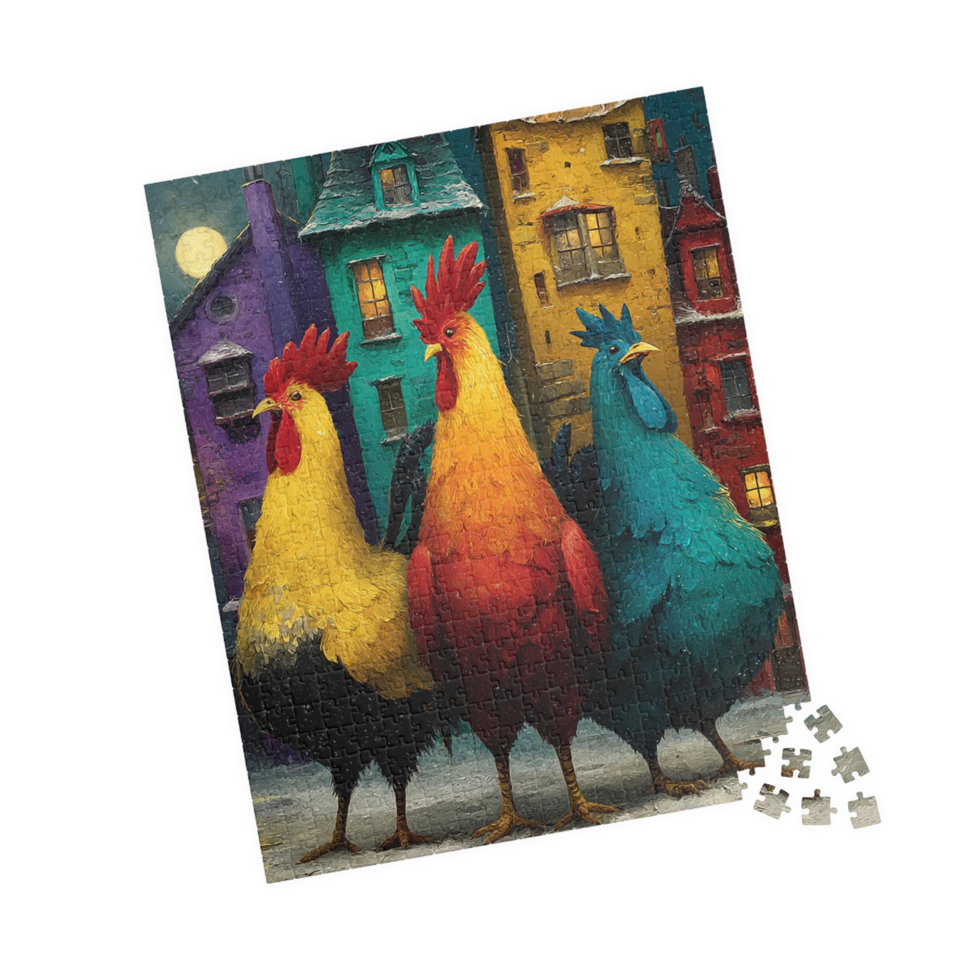 Moonlit Roosters in a Snowy Village Jigsaw Puzzle - Chickens and Colorful Crooked Houses 520 pcs (Vertical) Puzzle The Puzzle Chest