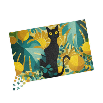 Cat with Tropical Leaves – Vibrant Fauvist Jigsaw Puzzle, Animal Theme Jungle Mystical Black Cat Art Puzzle 1014 pcs (Horizontal) Puzzle The Puzzle Chest