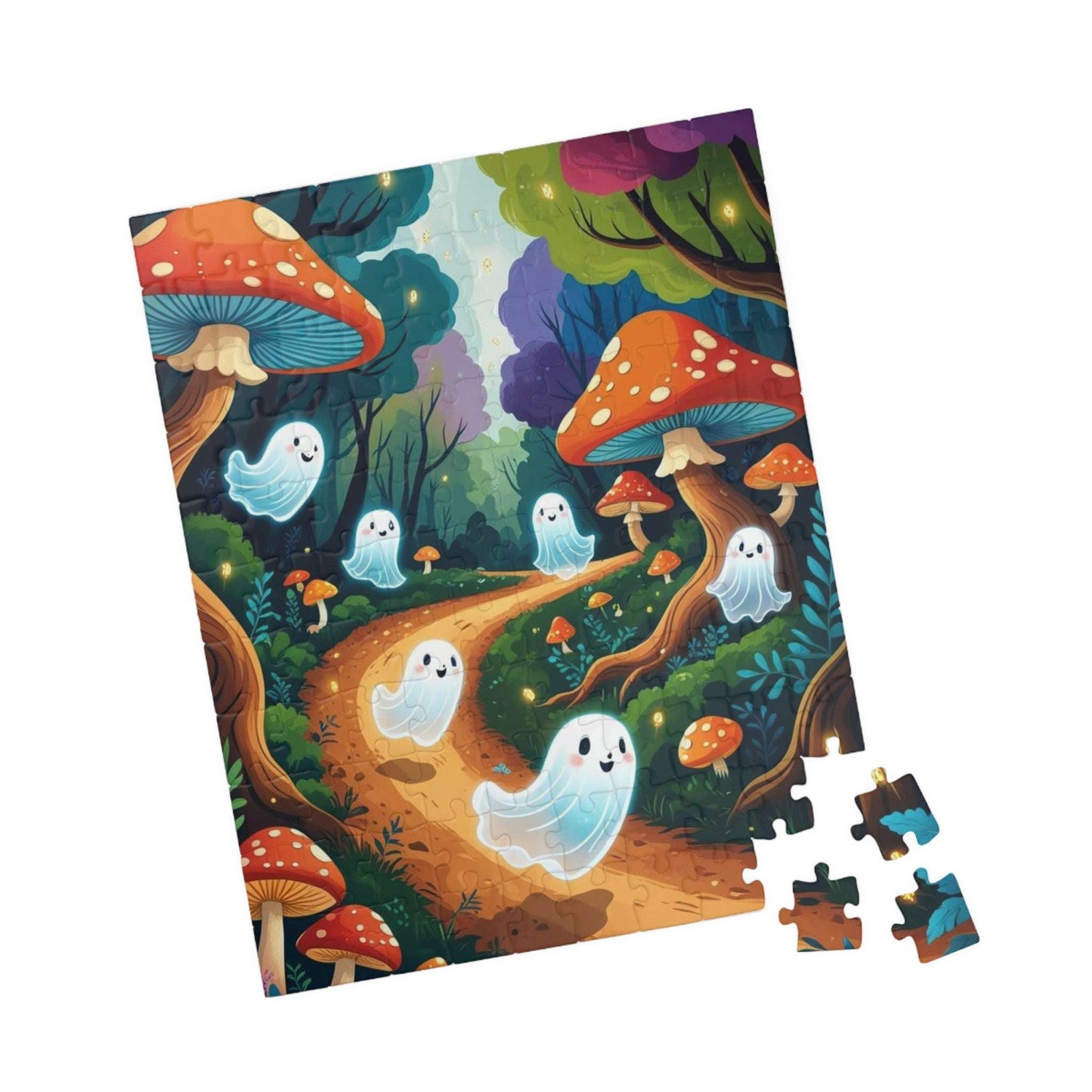 Mystical Forest Ghost Parade Jigsaw Puzzle - Enchanting Ghosts and Mushrooms Halloween Puzzle