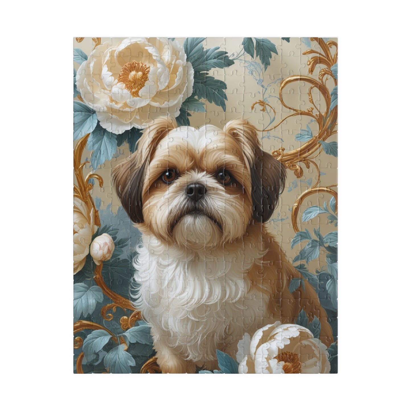 Jigsaw Puzzle - William Morris-Inspired Design with Shih Tzu and Peonies, 110, 252, 520, 1014-piece, Mind Teaser Brain Game Family Fun, Gift