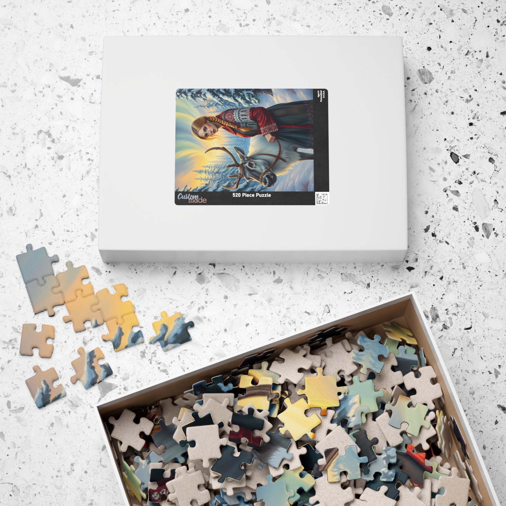 Nordic Cultural Winter Jigsaw Puzzle, Woman Guiding Reindeer Northern Lights, Sami Attire Snowy Forest, Best Unique Gift for Puzzle Lover Puzzle The Puzzle Chest