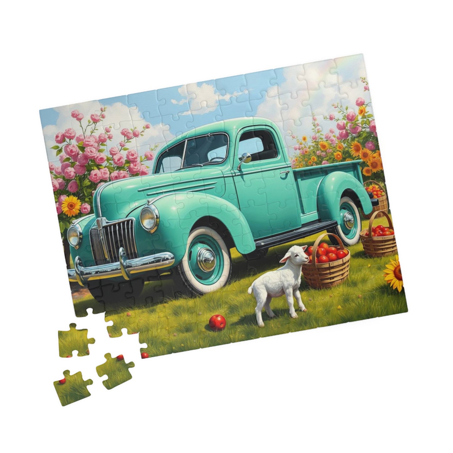 Vintage Teal Pickup Truck Puzzle — Spring Lamb & Flower Farm Jigsaw (110–1014 pcs) 110 pcs (Horizontal) Puzzle The Puzzle Chest