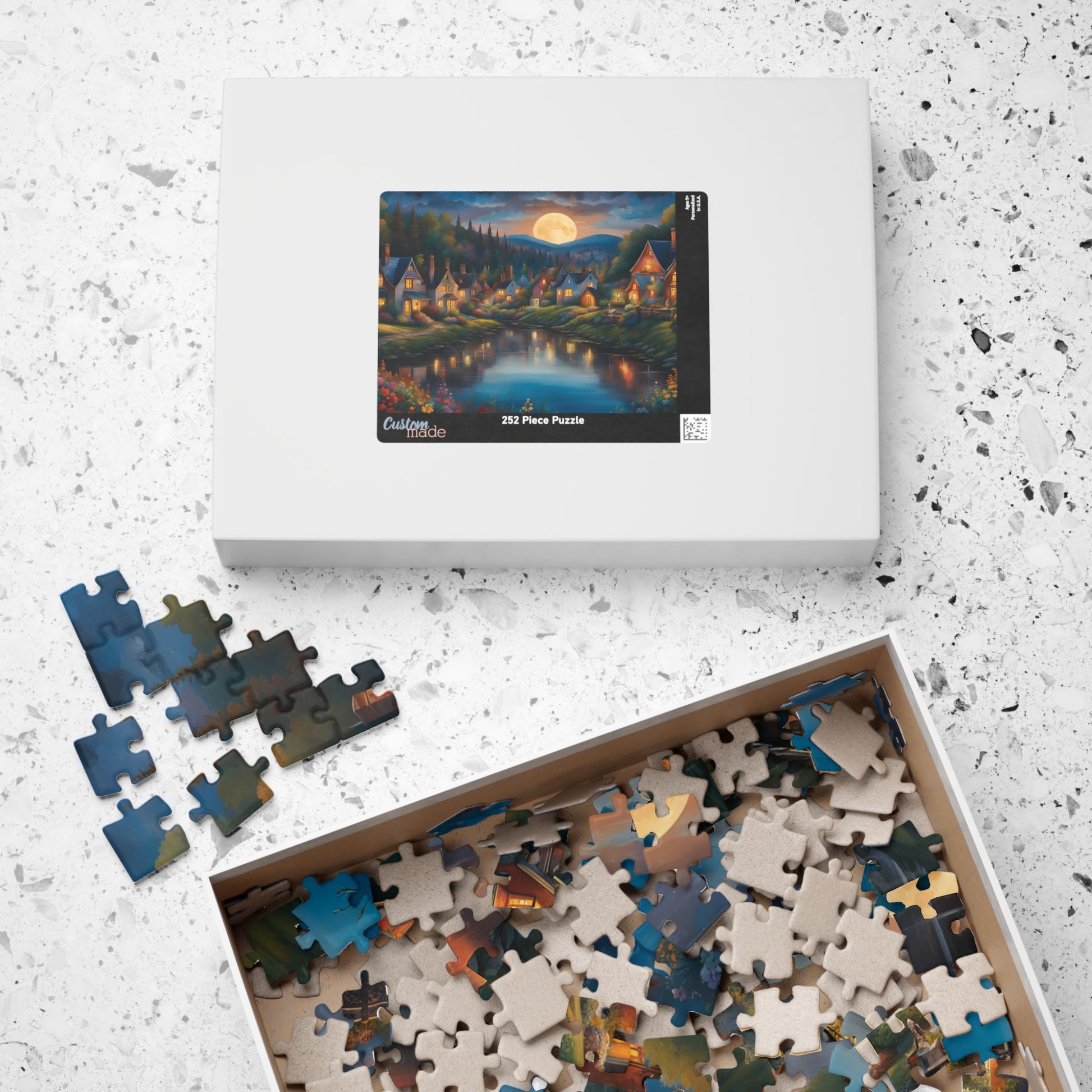 Nighttime Village Landscape Puzzle Gifted, Serene River, Moonlit Backdrop, 520 pcs, Adult, Relaxing Activity, Jigsaw Game, Holiday Present The Puzzle Chest