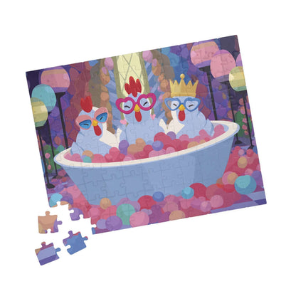Bubblegum Chicken Puzzle – Quirky Chickens in Candy Spa Bath with Pink Foam, Whimsical Fairy-Tale Jigsaw Puzzle 110 pcs (Horizontal) Puzzle The Puzzle Chest