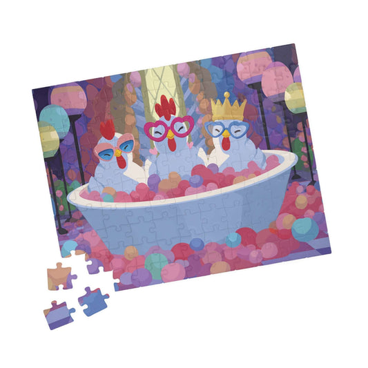 Bubblegum Chicken Puzzle – Quirky Chickens in Candy Spa Bath with Pink Foam, Whimsical Fairy-Tale Jigsaw Puzzle 110 pcs (Horizontal) Puzzle The Puzzle Chest