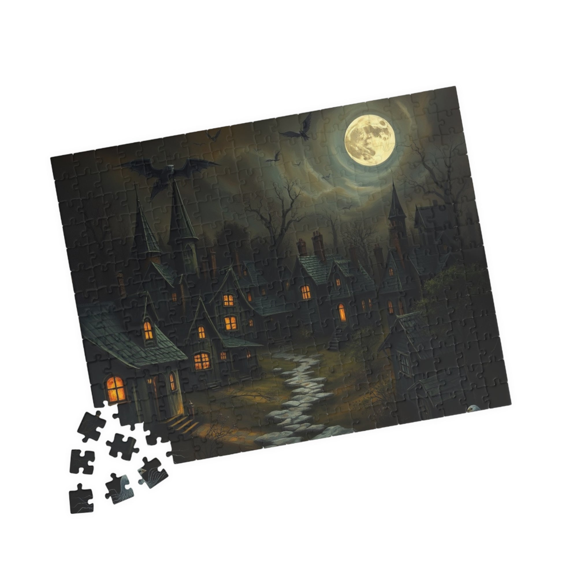 Eerie Village Puzzle (110, 252, 520, 1014-piece), Black Houses Glowing Windows and Full Moon, Spooky Nighttime Scene, Gothic Lover Gift The Puzzle Chest