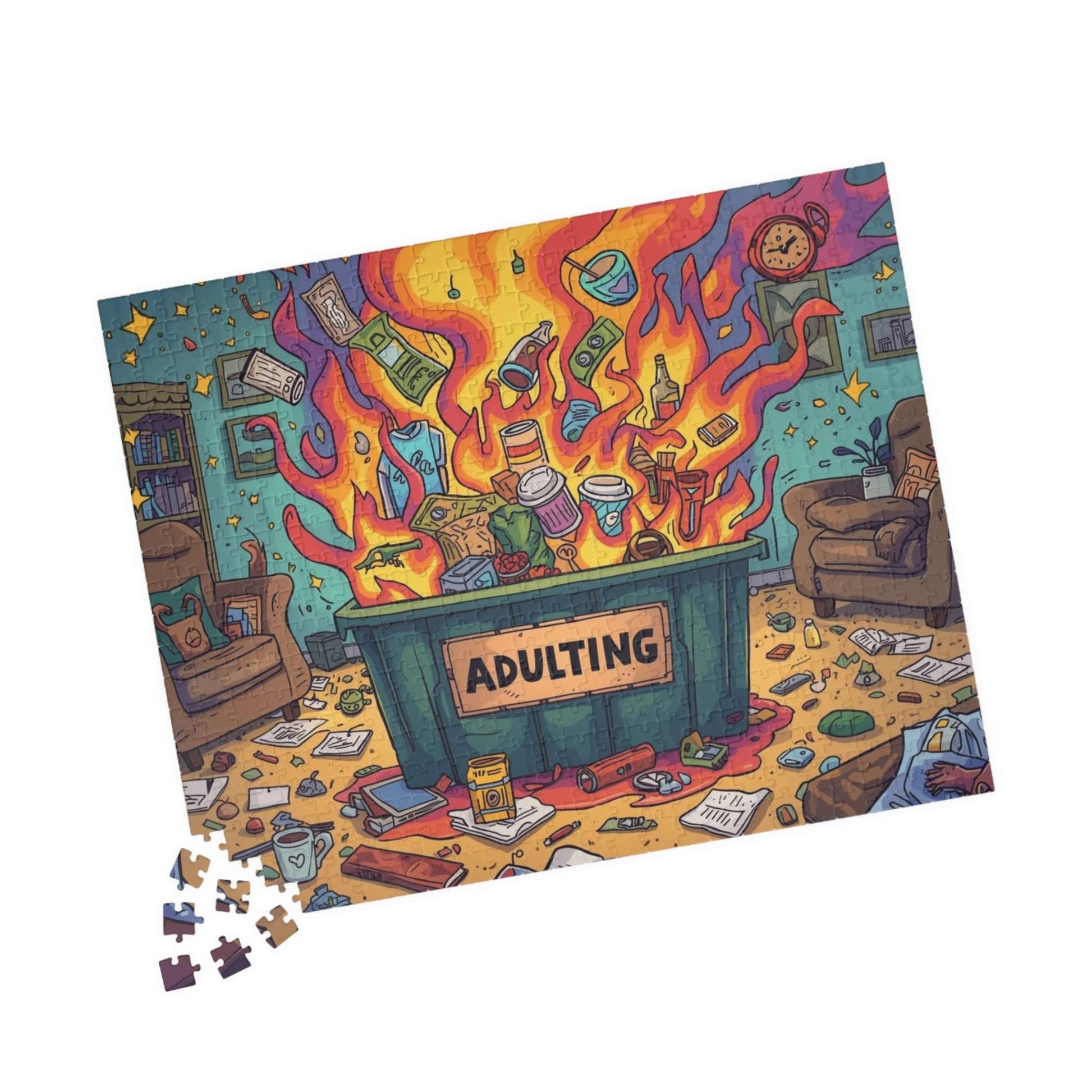 Adulting Dumpster Fire Jigsaw Puzzle - Funny Meme Theme, Mindfulness Activity, Holiday Birthday Gift for Adults, Entertainment, Brain Teaser 520 pcs (Horizontal) Puzzle The Puzzle Chest