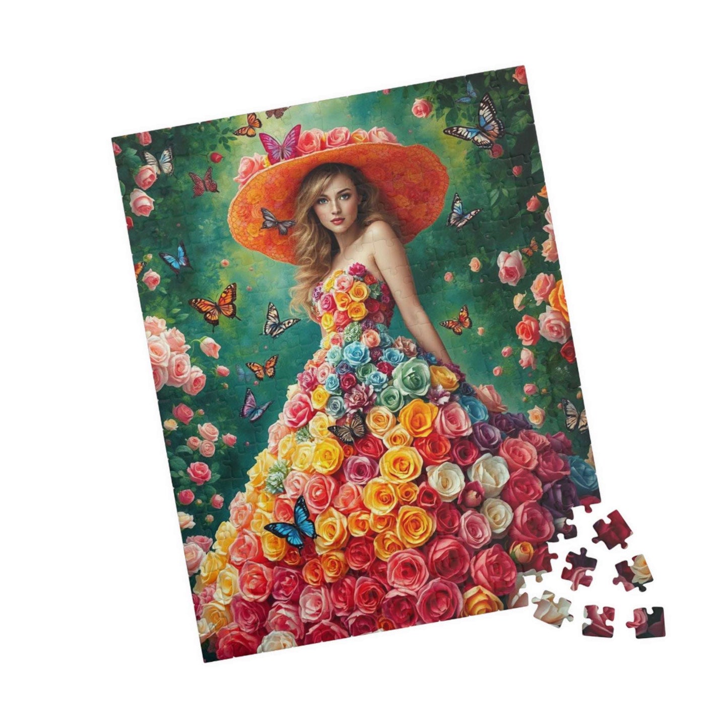 Lady of the Rainbow Rose Garden - Vibrant Floral Butterfly Fantasy Jigsaw Puzzle