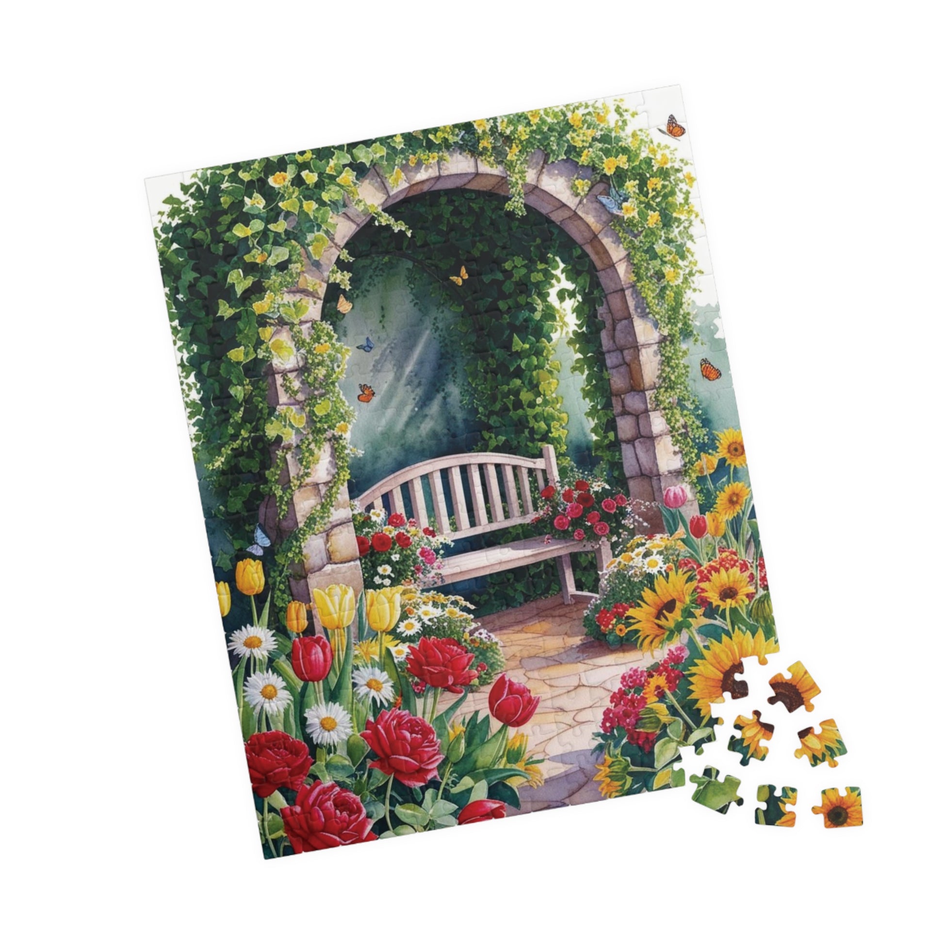 Jigsaw Puzzle, Flower Garden Mosaic Puzzle, Roses Tulips Daisies Sunflowers, Wooden Bench Ivy Butterflies, 110 252 520 1014 pieces, Gift for Puzzle The Puzzle Chest