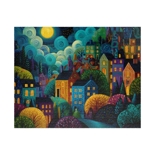 Whimsical Nighttime Village Puzzle - Fairytale Landscape with Colorful Houses, Glowing Windows, and Moonlit Sky Puzzle The Puzzle Chest