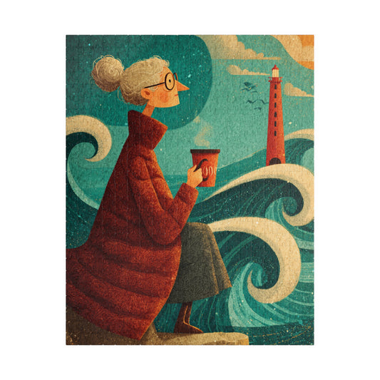Seaside Grandma Jigsaw Puzzle - Heartwarming Ocean Cliff Storybook Scene Featuring Elderly Lady and Red Lighthouse Puzzle The Puzzle Chest