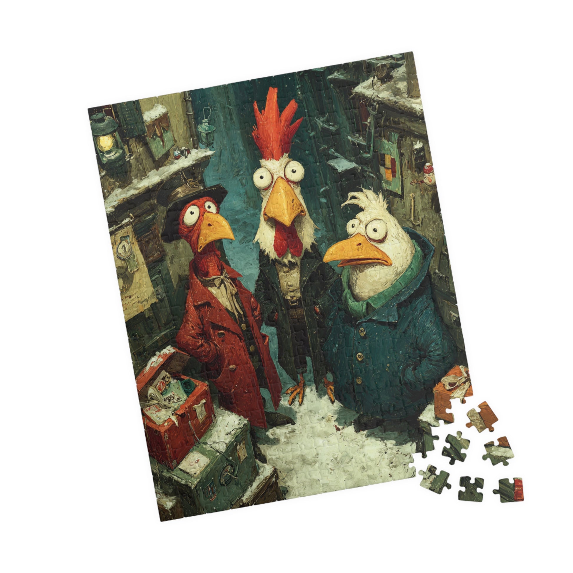 Quirky Gothic Roosters Jigsaw Puzzle - Victorian Chickens, Town Square and Snowy Whimsy 252 pcs (Vertical) Puzzle The Puzzle Chest