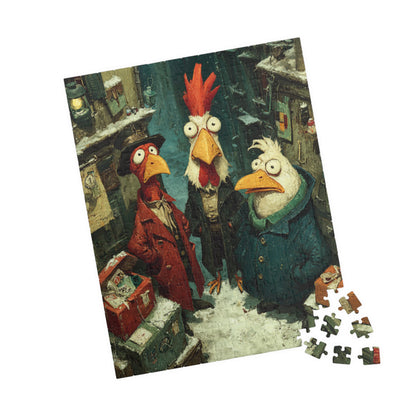 Quirky Gothic Roosters Jigsaw Puzzle - Victorian Chickens, Town Square and Snowy Whimsy 252 pcs (Vertical) Puzzle The Puzzle Chest