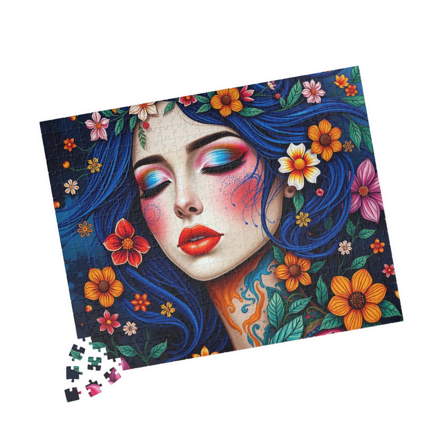 Floral Blue-Haired Woman Puzzle | Vibrant Portrait Jigsaw