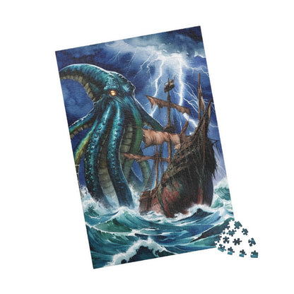Kraken Puzzle, Mythical Creature Colossal Sea Monster Jigsaw, Pirate Ship Stormy Ocean Theme Tabletop Game for Adult Entertainment, Hobby