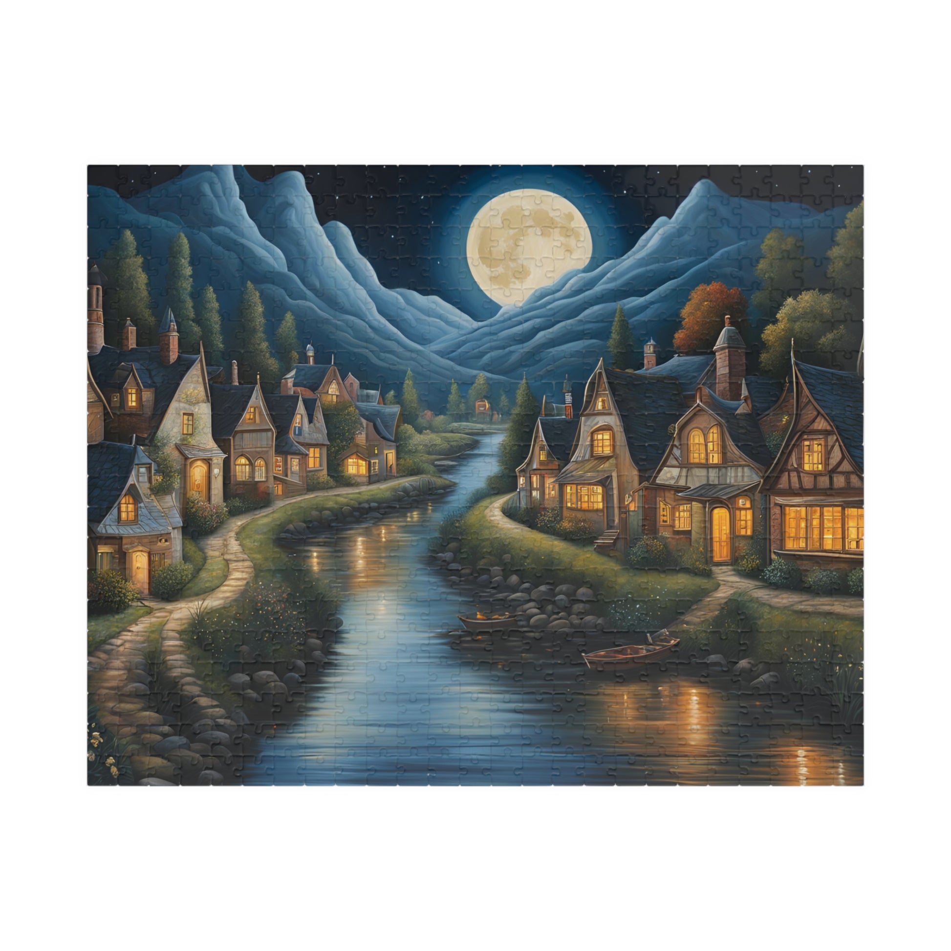 Nordic Night Village Puzzle, Serene Moonlit River Landscape, Cozy Scandinavian River Town Jigsaw Game, Mindfulness Gift for Puzzle Lover 520 pcs (Horizontal) The Puzzle Chest