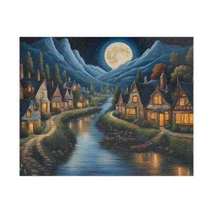 Nordic Night Village Puzzle, Serene Moonlit River Landscape, Cozy Scandinavian River Town Jigsaw Game, Mindfulness Gift for Puzzle Lover 520 pcs (Horizontal) The Puzzle Chest