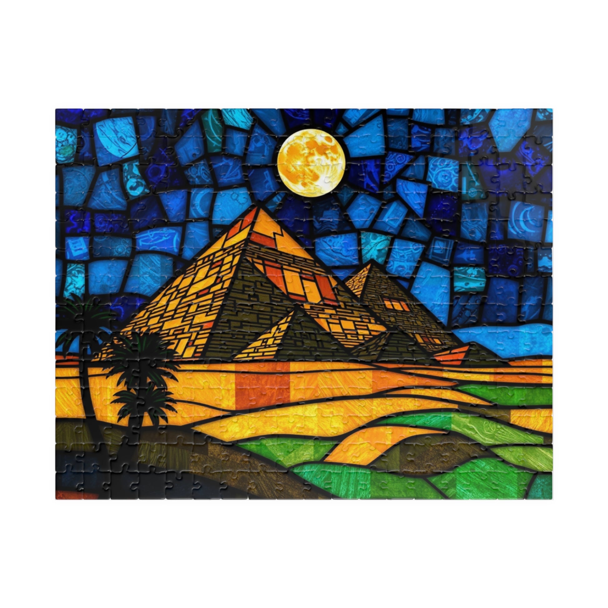 Stained Glass Pyramids of Giza Jigsaw Puzzle, Mosaic Style Starry Night, 110 252 520 1014-Piece, Egyptian Travel Hobby, Puzzle Lover Gift 252 pcs (Horizontal) Puzzle The Puzzle Chest