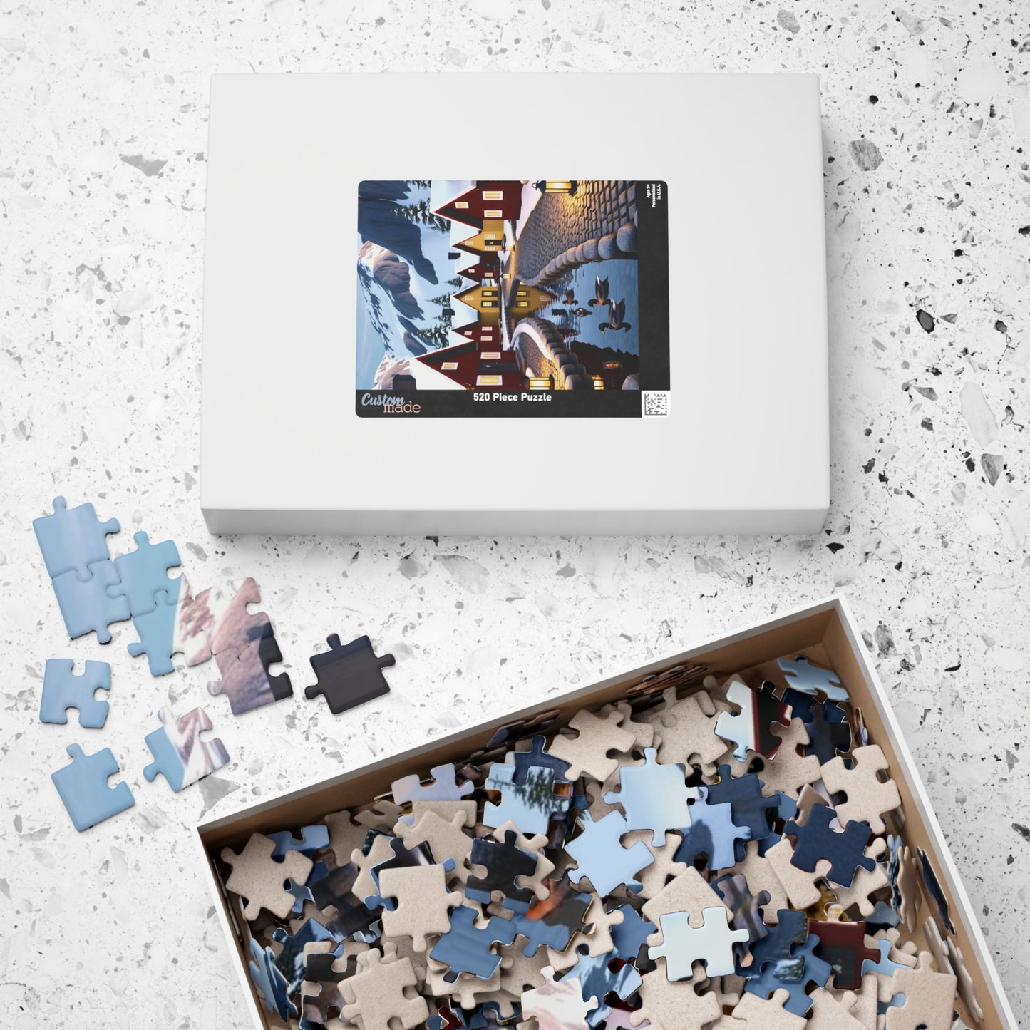 Nordic Village Jigsaw Puzzle - Winter Scene, Snowy Peaks, Red Yellow Cottages, Fun Family Activity, Christmas Holiday The Puzzle Chest