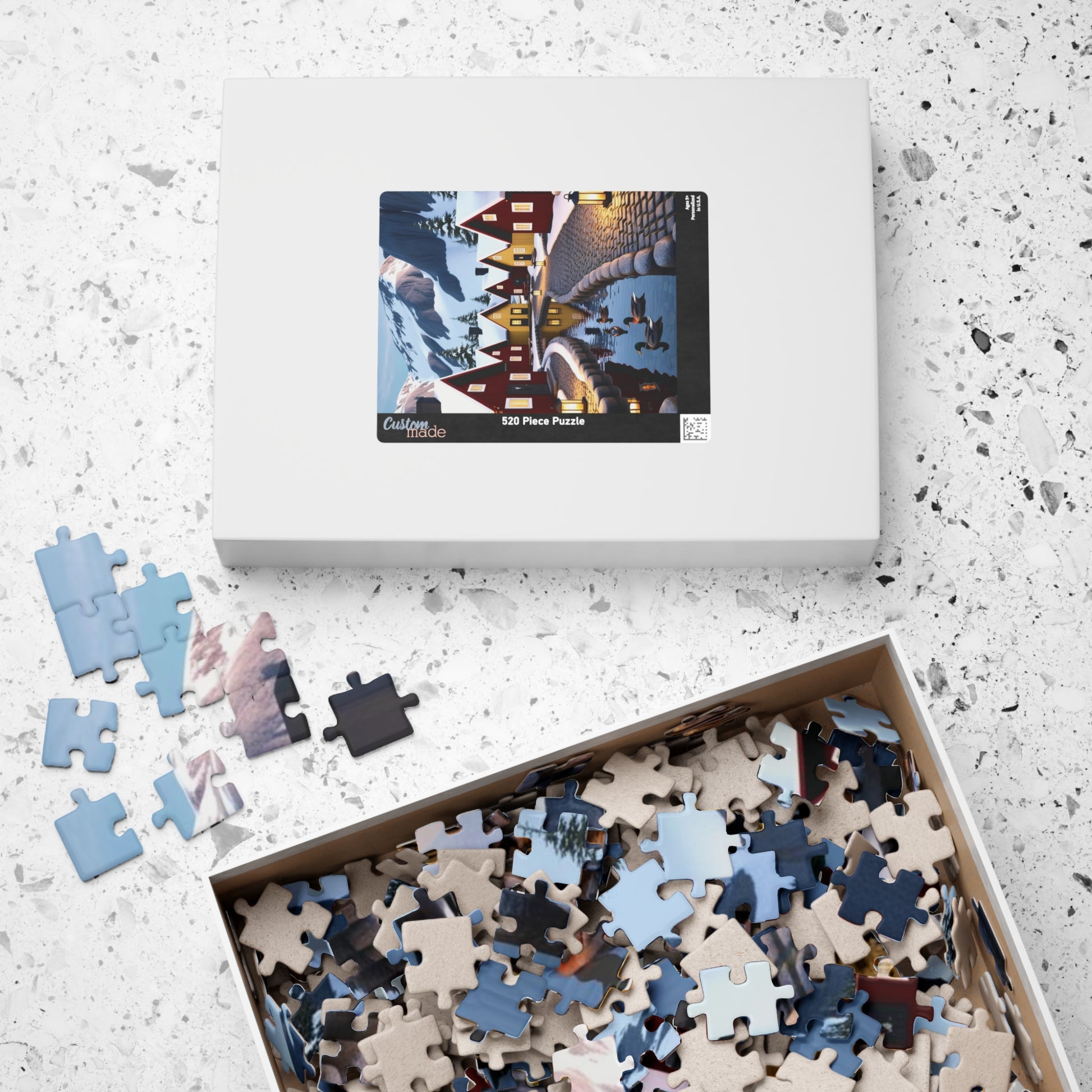 Nordic Village Jigsaw Puzzle - Winter Scene, Snowy Peaks, Red Yellow Cottages, Fun Family Activity, Christmas Holiday The Puzzle Chest