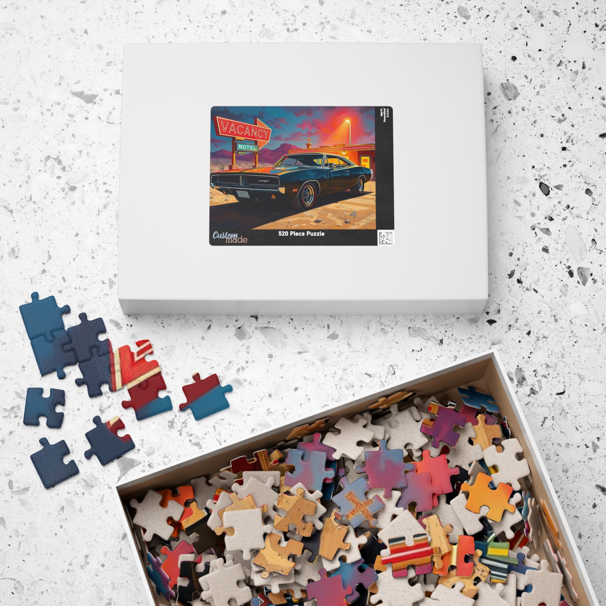 Vintage Muscle Car Puzzle, Black 1969 Dodge Charger, Classic Car Desert Motel Scene Jigsaw Game for Him, Unique Puzzle Lover Gift, Mindful Puzzle The Puzzle Chest