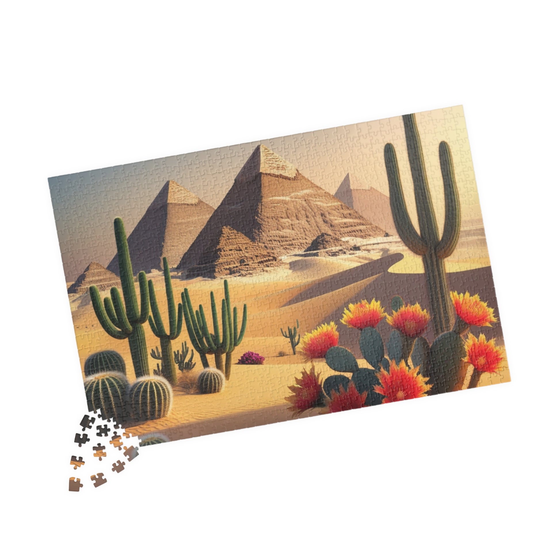 Pyramids of Giza Jigsaw Puzzle, Desert Landscape Cacti Prickly Pears Red Flowers, 110 252 520 1014-piece, Fun Egyptian Travel Hobby, Ancient Puzzle The Puzzle Chest
