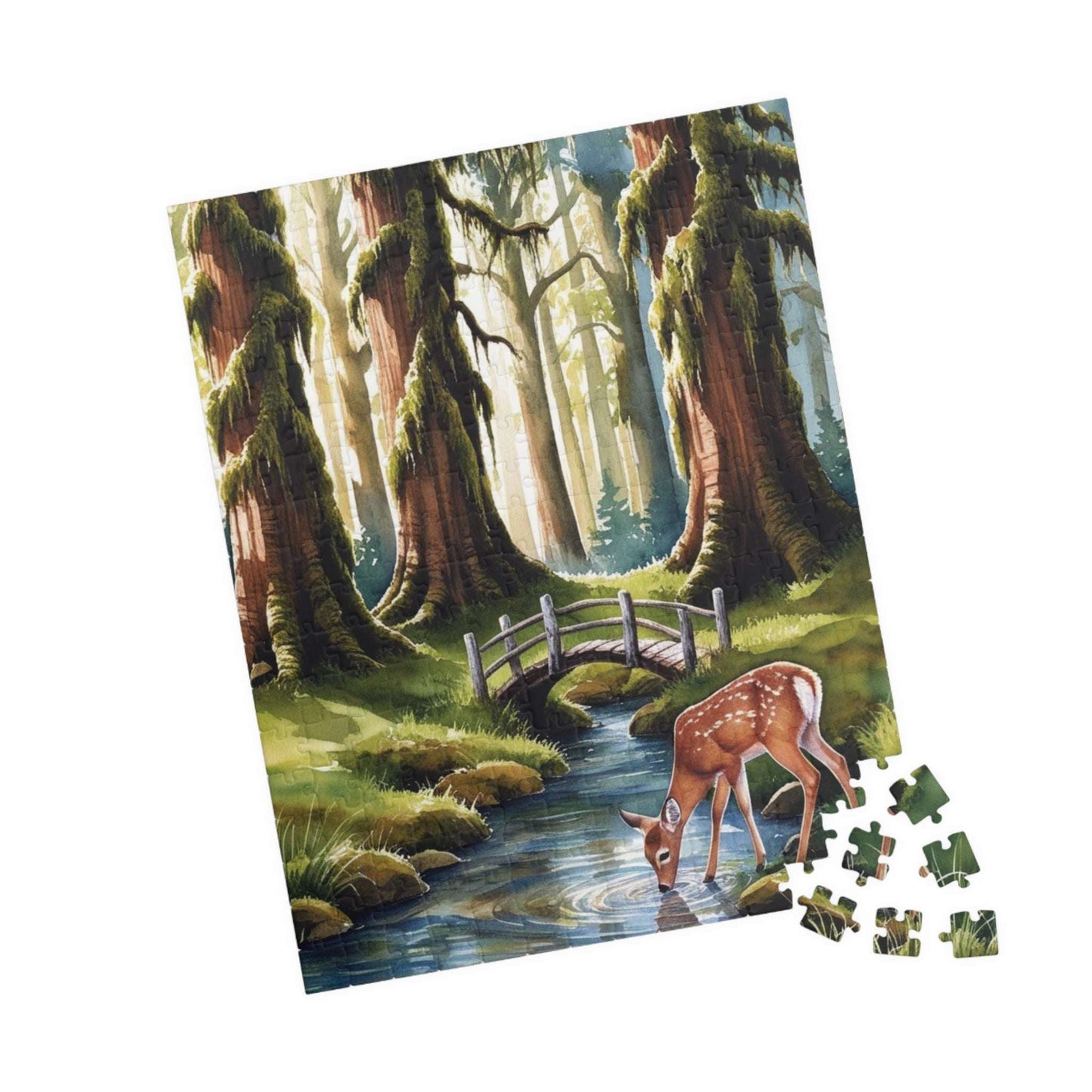 Forest Landscape Jigsaw Puzzle, Deer River Mossy Trees Wildlife Woodland Nature Game Night Family Activity Relaxing Mindfulness Unique Hobby Puzzle The Puzzle Chest