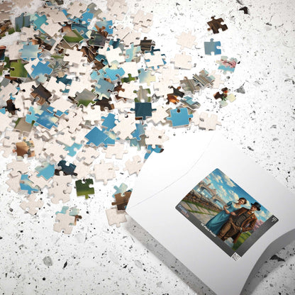 Romantic Stroll by the River - 19th Century Victorian Couple Jigsaw Puzzle with Blossoms, Bridge, and Swans Puzzle The Puzzle Chest
