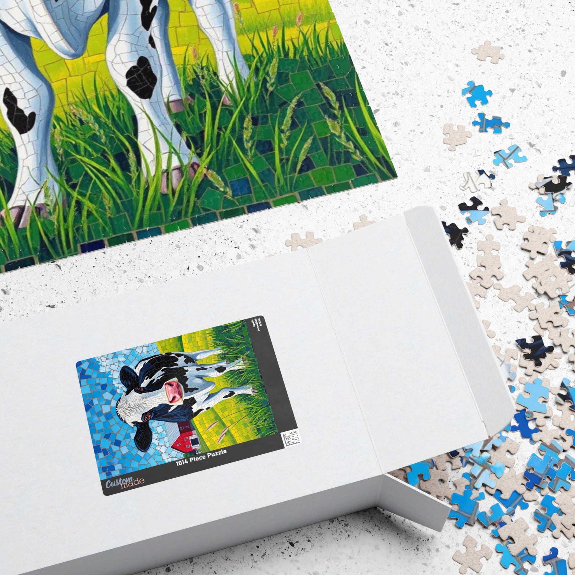 Mosaic Art Cow Jigsaw Puzzle, Peaceful Rural Landscape, Black and White Cow in a Farm Pasture with Red Barn and Blue-Sky Tabletop Game, Gift Puzzle The Puzzle Chest