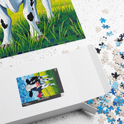 Mosaic Art Cow Jigsaw Puzzle, Peaceful Rural Landscape, Black and White Cow in a Farm Pasture with Red Barn and Blue-Sky Tabletop Game, Gift Puzzle The Puzzle Chest