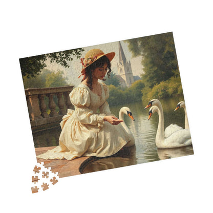 Victorian Lady Feeding Swans by the Pond - Elegant 19th Century Jigsaw Puzzle Scene 520 pcs (Horizontal) Puzzle The Puzzle Chest
