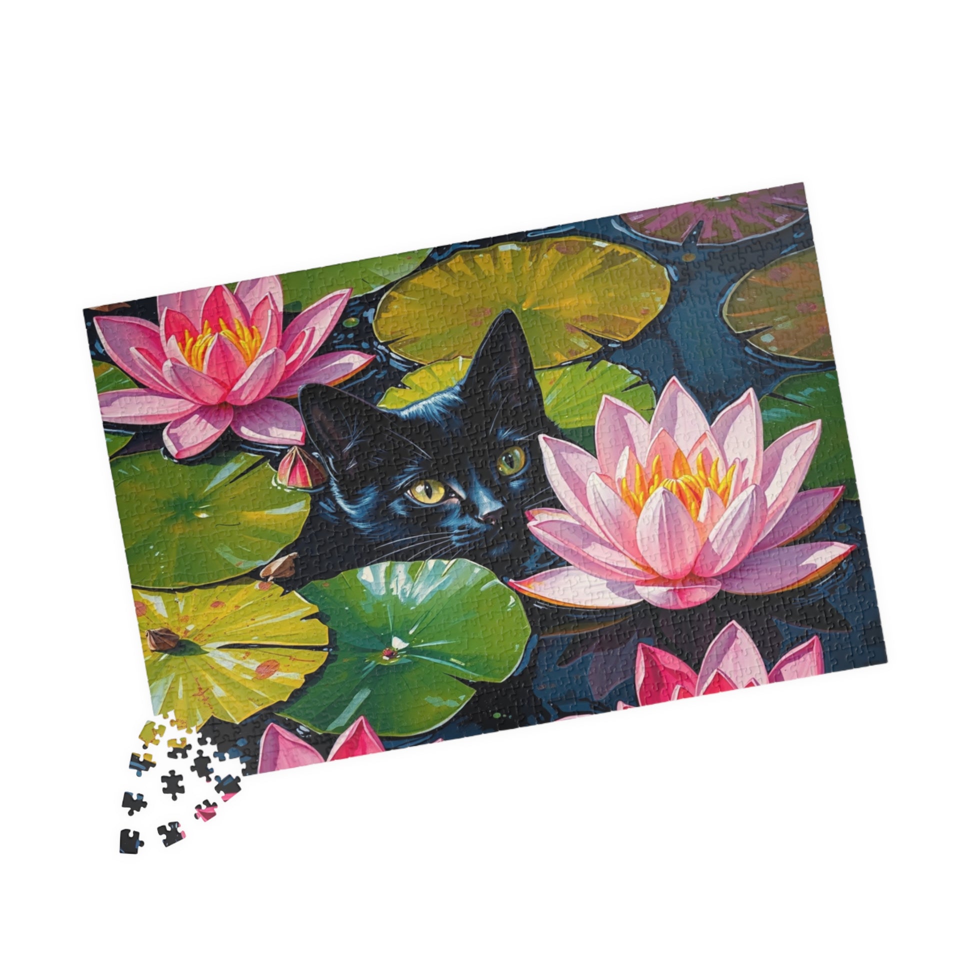 Black Cat Among Water Lilies Puzzle | 110-1014 Piece Animal Jigsaw 1014 pcs (Horizontal) Puzzle The Puzzle Chest