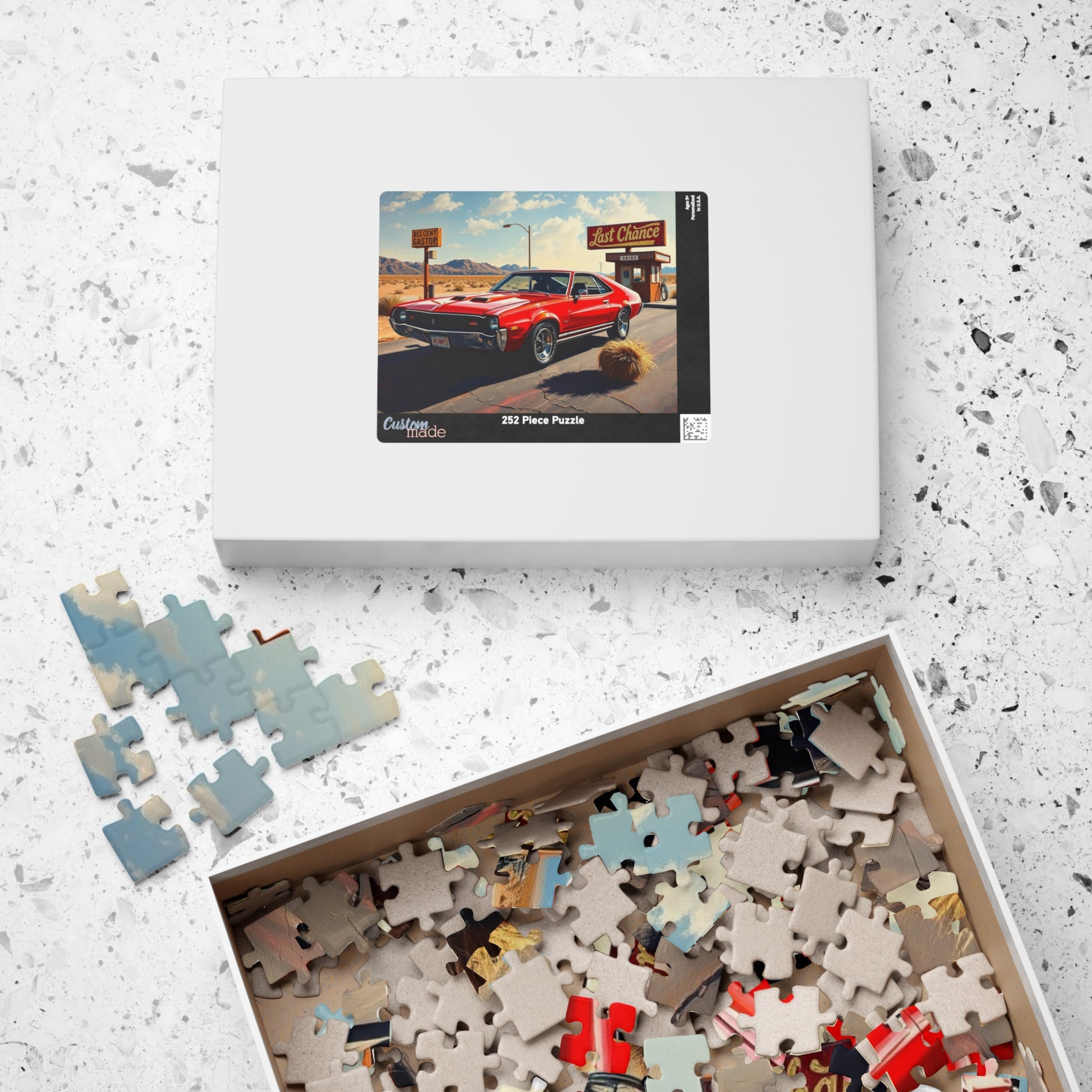 Vintage Car Puzzle, Classic Red 1969 AMC AMX, Desert Setting with Rusty Gas Sign and Tumbleweed, Retro Car Enthusiast Puzzle Lover Gift Puzzle The Puzzle Chest