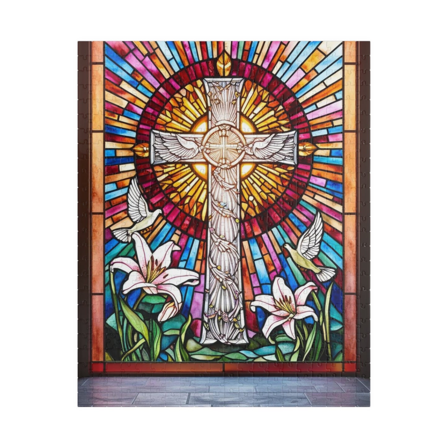 Stained Glass Cross Puzzle (110, 252, 520, 1014-piece), Faith-Based Religious Jigsaw Game, Colorful Puzzle for Christians and Puzzle Lovers