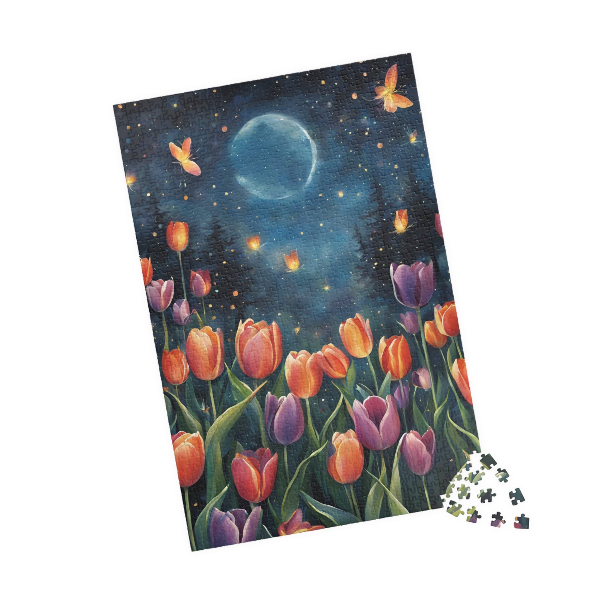 Moonlit Tulip Garden Puzzle, Glowing Tulips and Fireflies Tranquil Night Fantasy Adult Jigsaw Game, Nature-Inspired Gift for Puzzle Fanatic Puzzle The Puzzle Chest