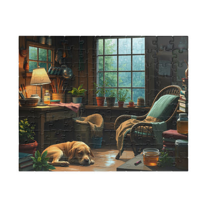 Jigsaw Puzzle, Cozy Garden Workshop Interior with Dog, Hobby Activity, Relaxing Pastime, Indoor Entertainment, Mindful Meditation, Stress