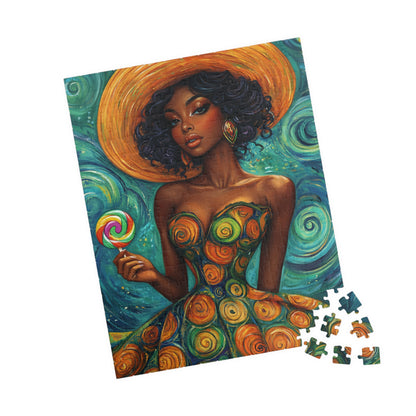 Afrocentric Woman in Swirl Dress Puzzle | Black Woman Jigsaw Game