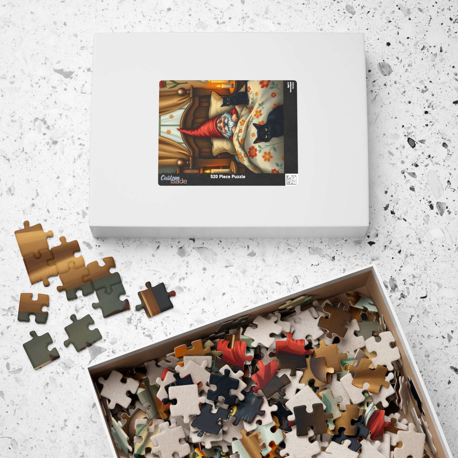 Gnome Sleeping in Cottage Bed with Cats – Folk Art Nighttime Jigsaw Puzzle Puzzle The Puzzle Chest