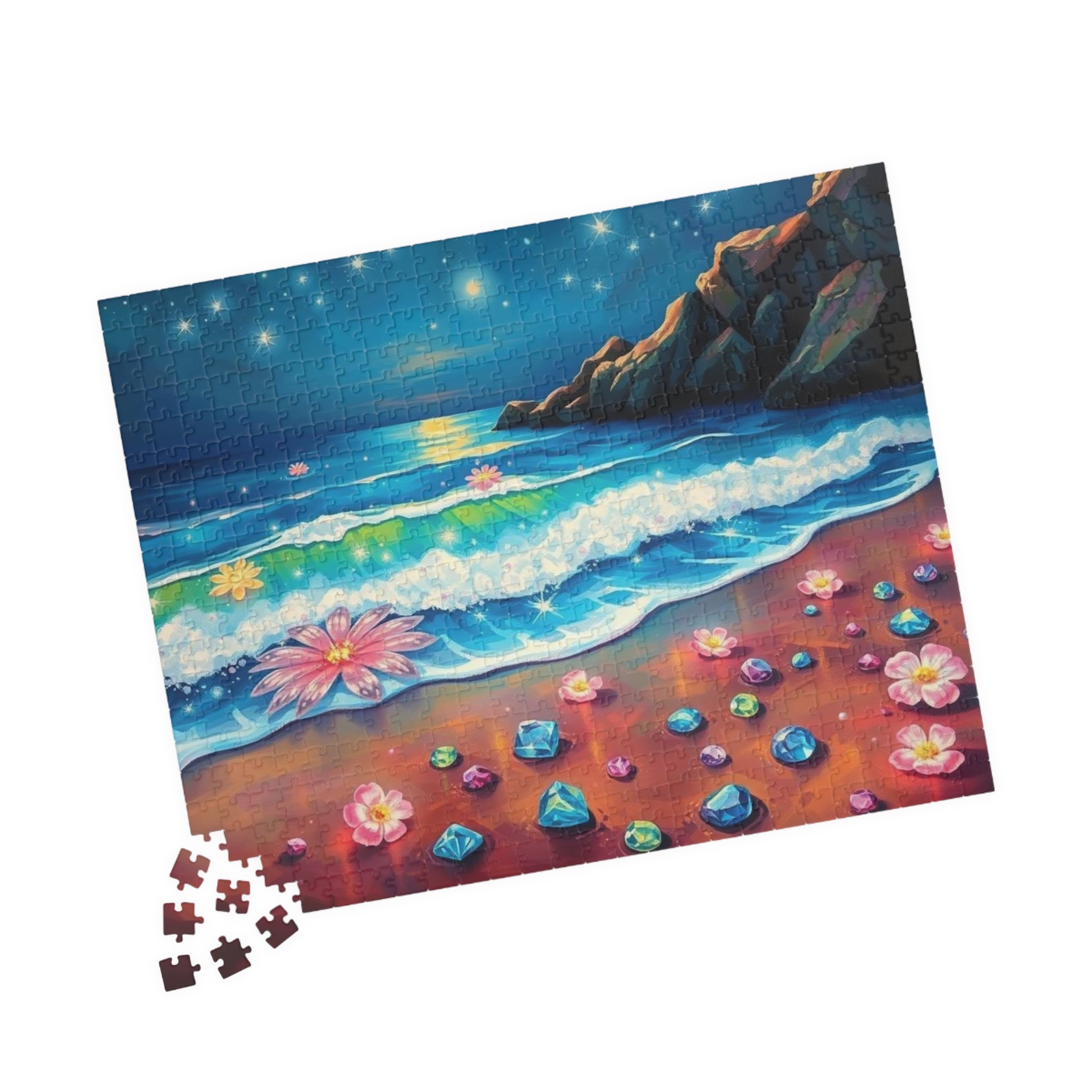 Lotus Shoreline Dreams - Surreal Beach Jigsaw Puzzle with Gems and Water Lilies, Gift for Ocean Lover, Coastal Home Décor, Family Activity Puzzle The Puzzle Chest