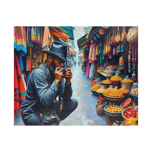 Cultural Street Market Jigsaw Puzzle - Black Man Taking Photographs, African American Art, Gift for Friends, Family Fun, Home Entertainment 520 pcs (Horizontal) Puzzle The Puzzle Chest